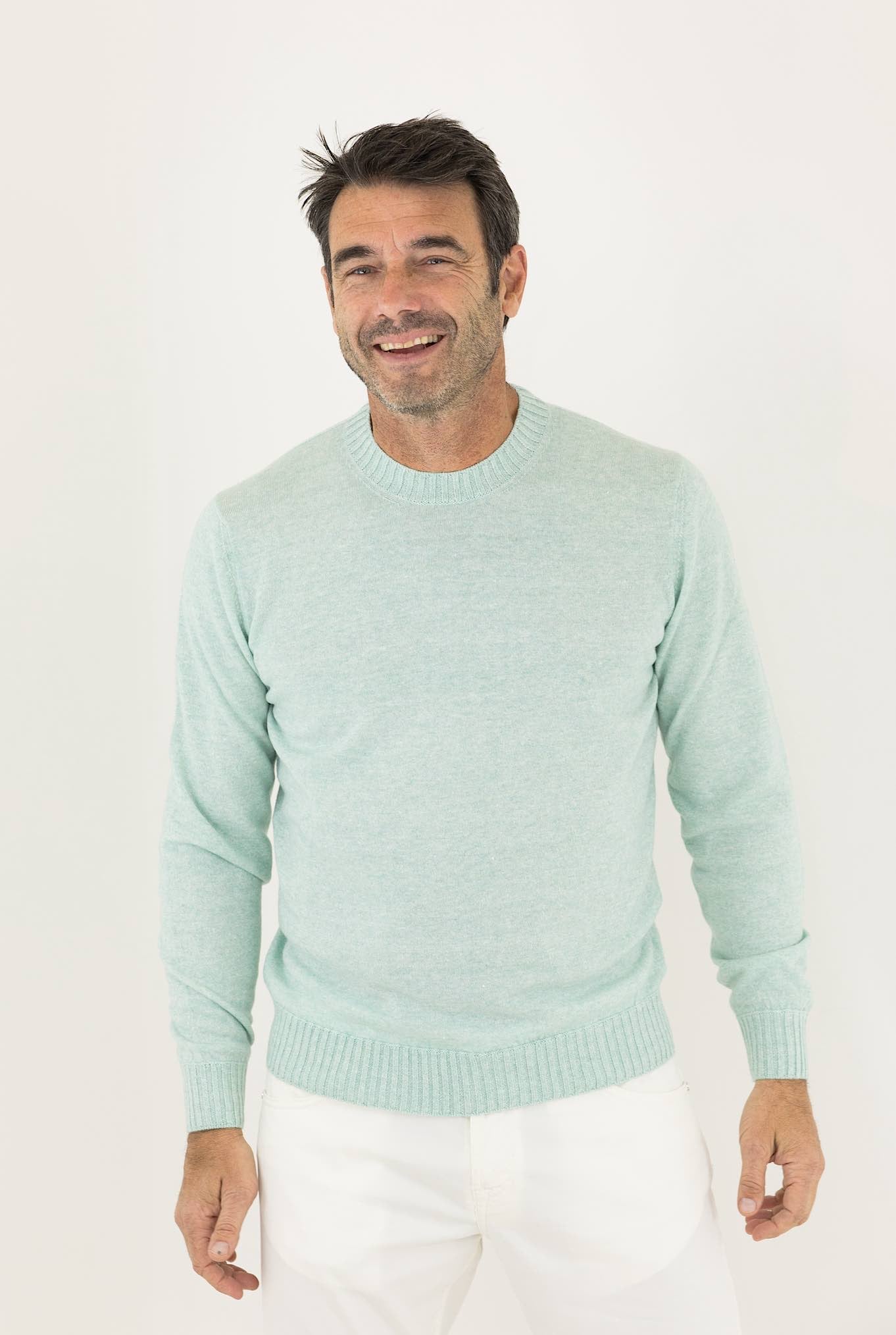 FIORONI Crewneck Cashmere and Linen Water Green Mélange