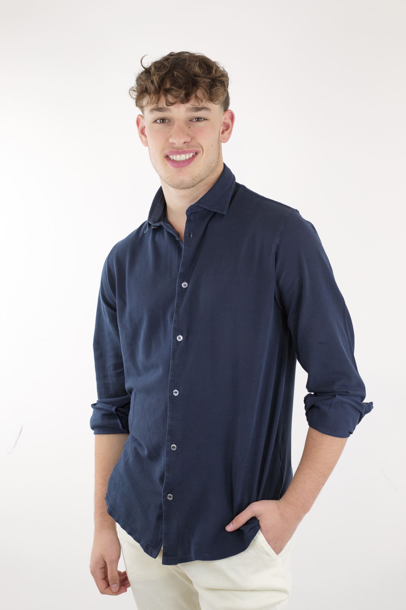FEDELI Navy Blue Frosted Piquet Cotton Shirt