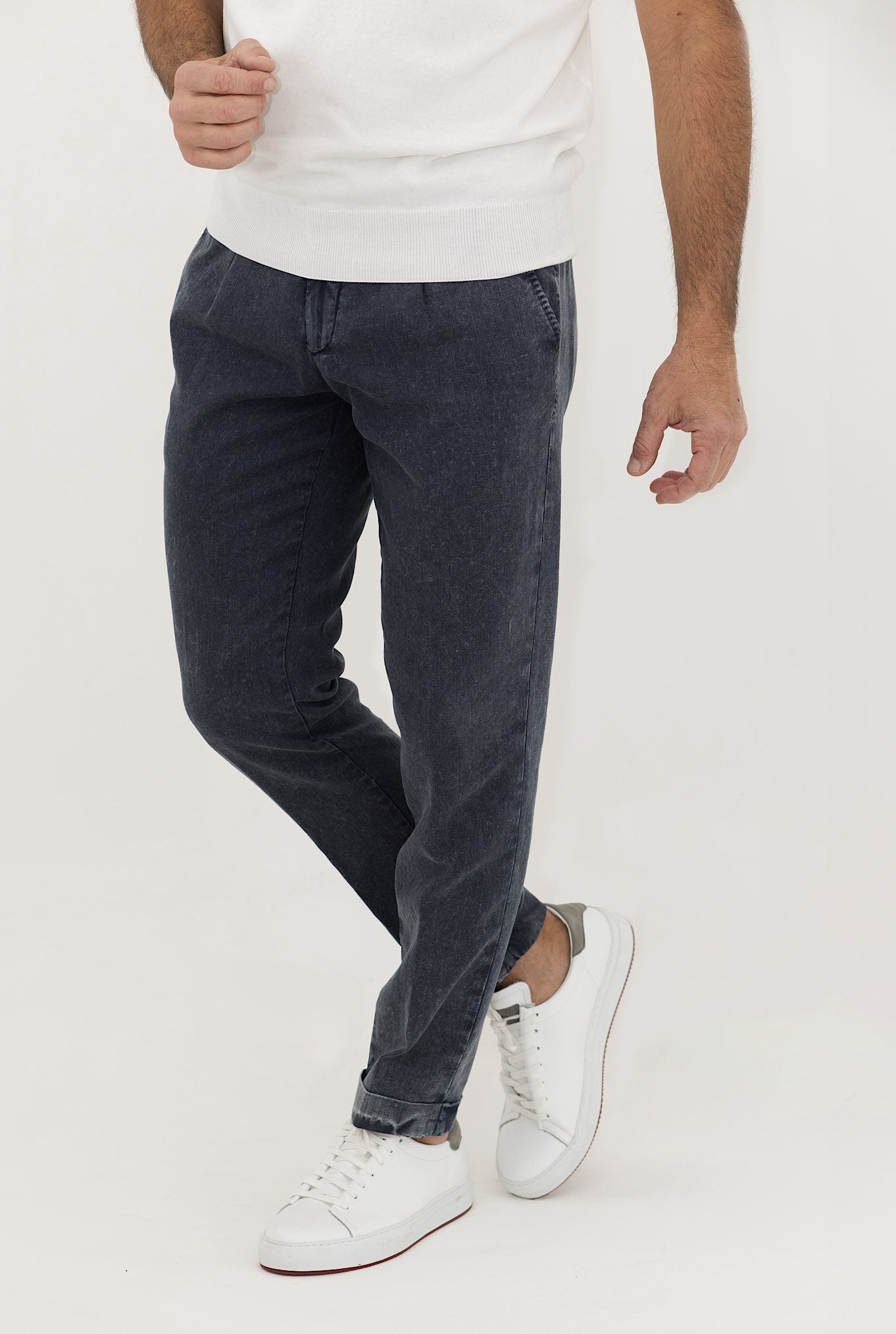 MYTHS Blue Washed Cotton Linen Trousers