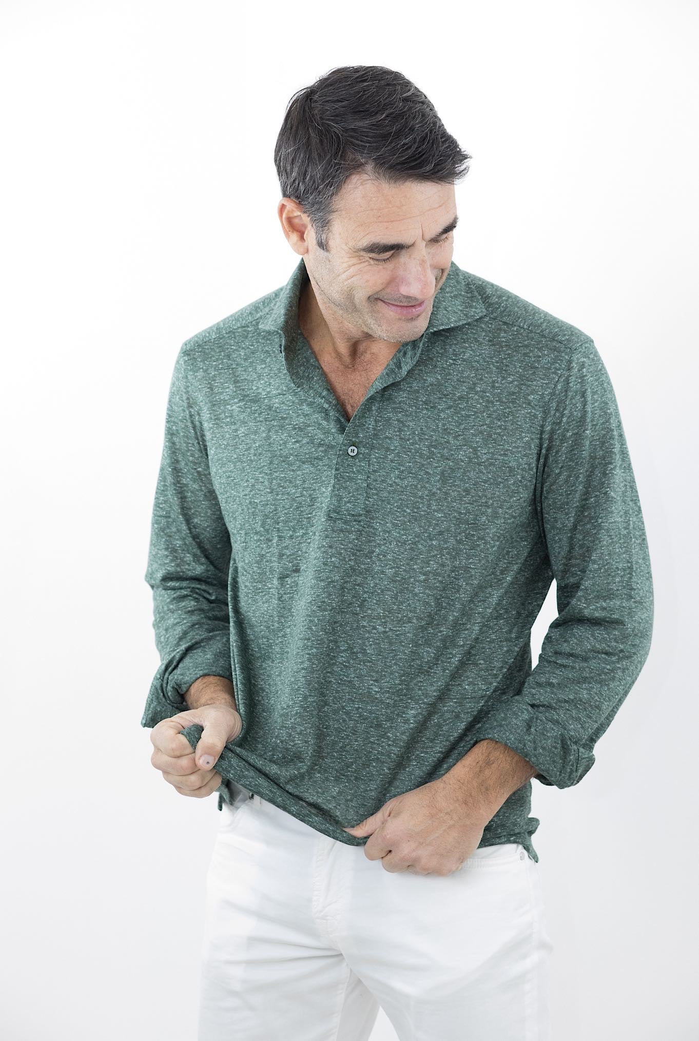 FRAY Green Long Sleeve Linen Polo Shirt