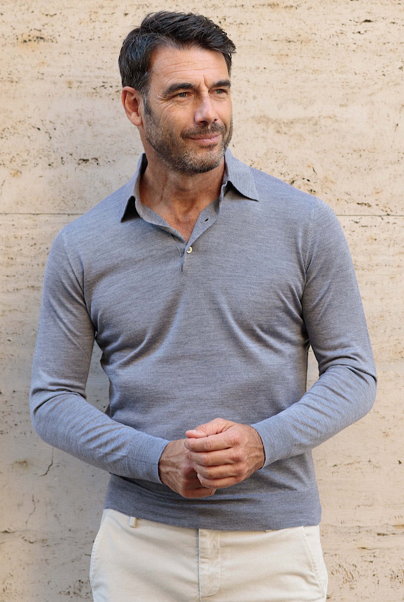GUARINO Gray Long Sleeve Cashmere and Silk Polo Shirt