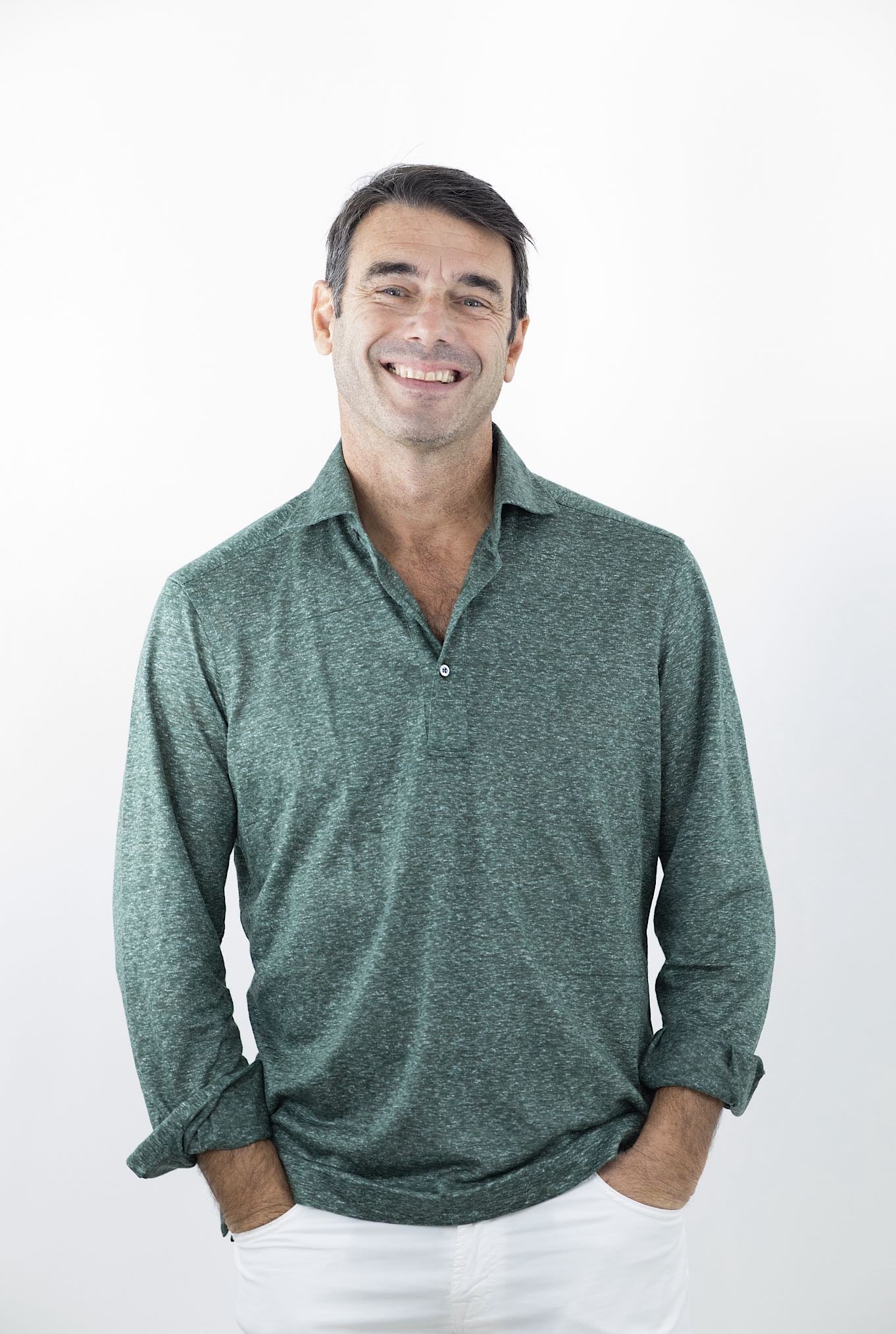 FRAY Green Long Sleeve Linen Polo Shirt