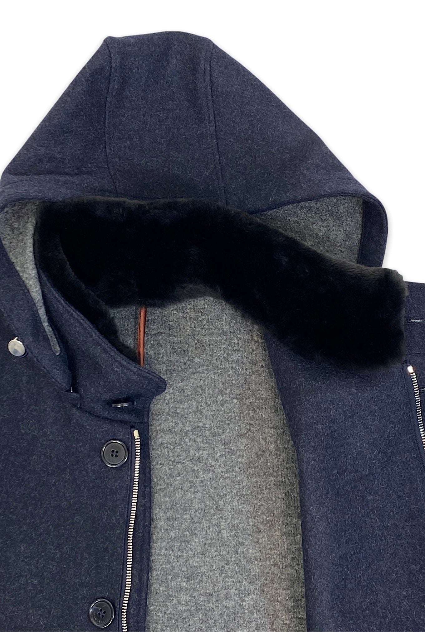 MANDELLI Cashmere Coat with Detachable Hood in Blue