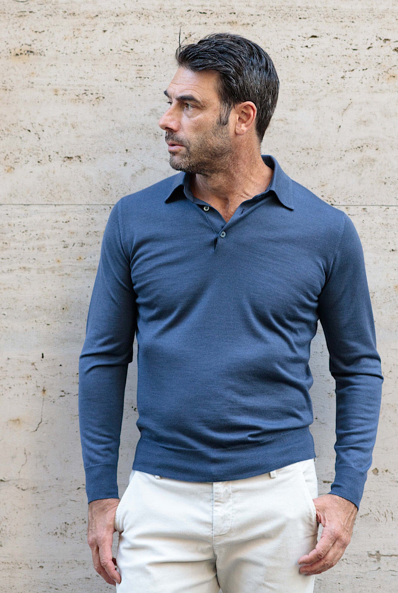 GUARINO Light Blue Long Sleeve Cashmere and Silk Polo Shirt