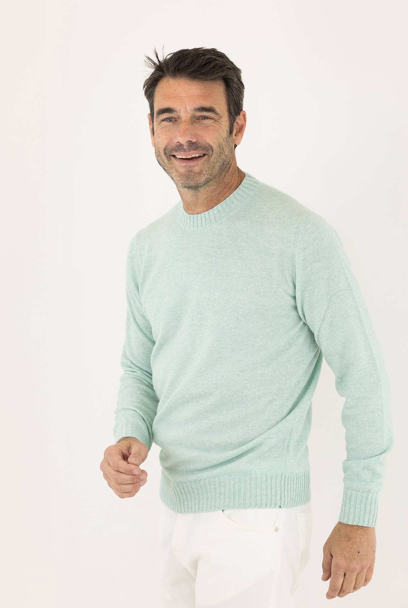 FIORONI Crewneck Cashmere and Linen Water Green Mélange