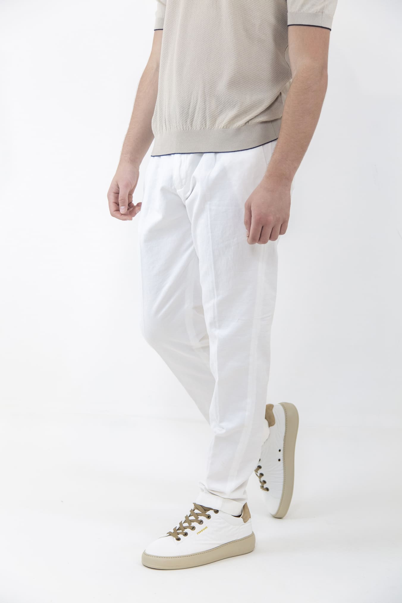 GUARINO Pantaloni con Pinces Cotone e Lino Bianco