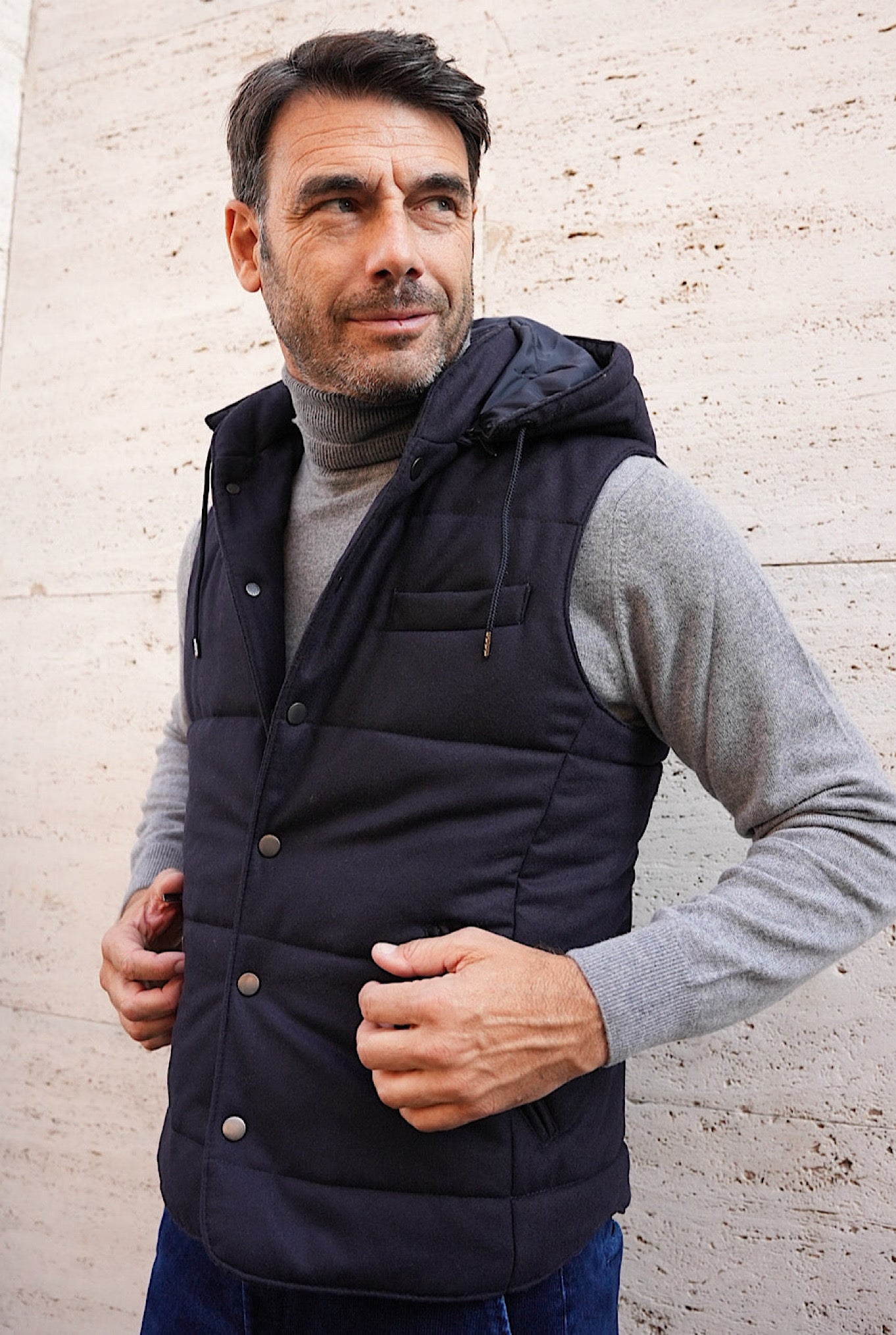 Guarino Wool Vest with Detachable Hood in Blue