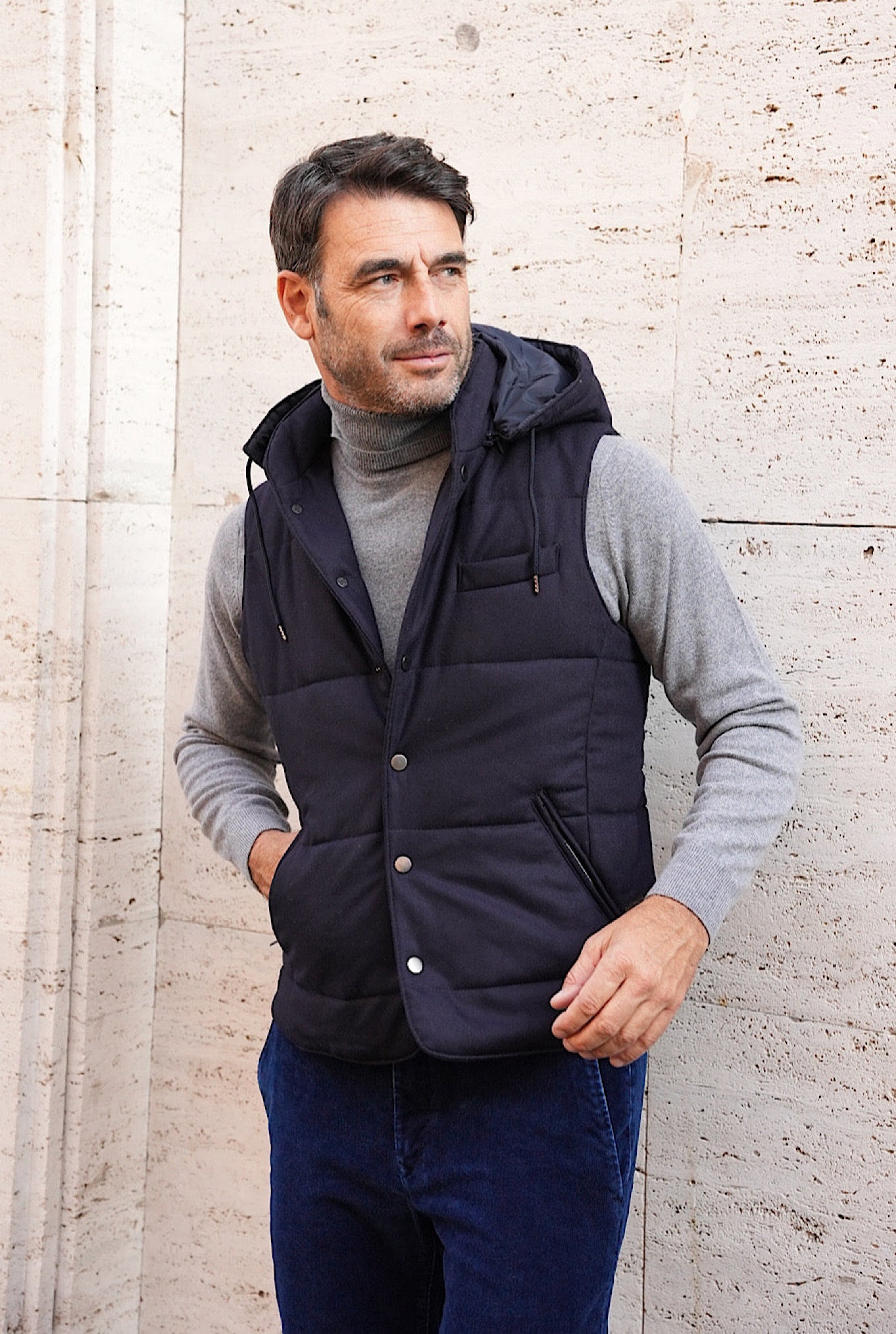 Guarino Wool Vest with Detachable Hood in Blue