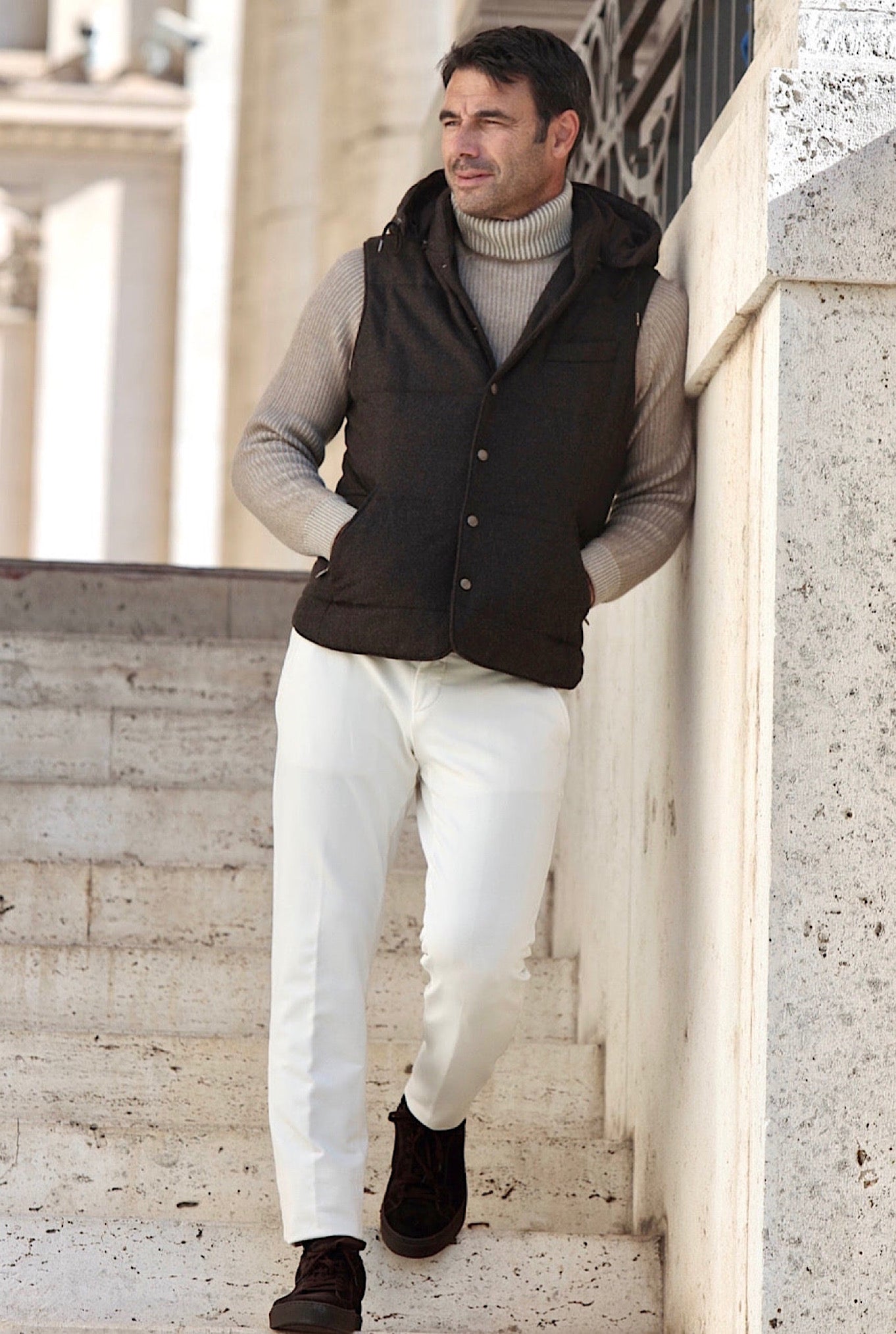 GUARINO Wool Vest with Detachable Hood Dark Brown