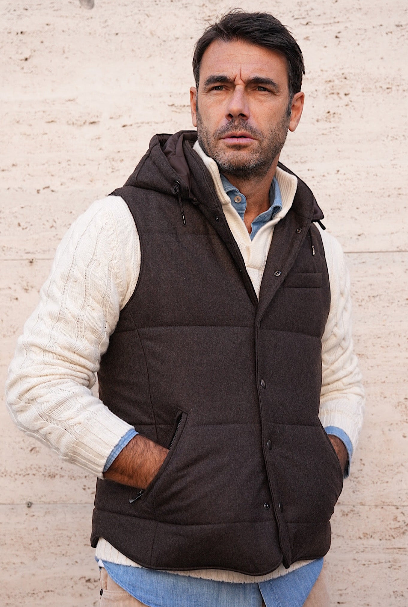 GUARINO Wool Vest with Detachable Hood Dark Brown
