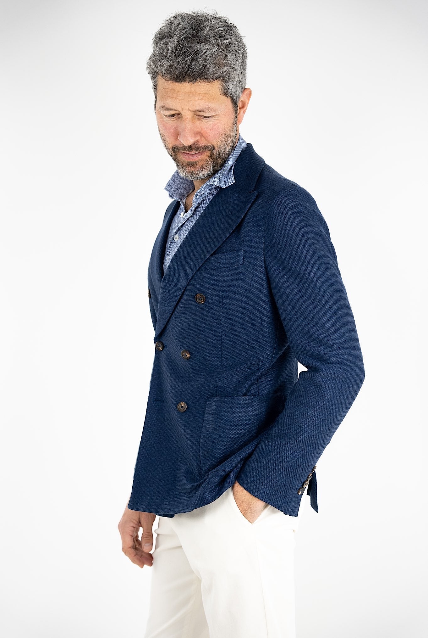 CIRCOLO Blue Linen Double-Breasted Jacket