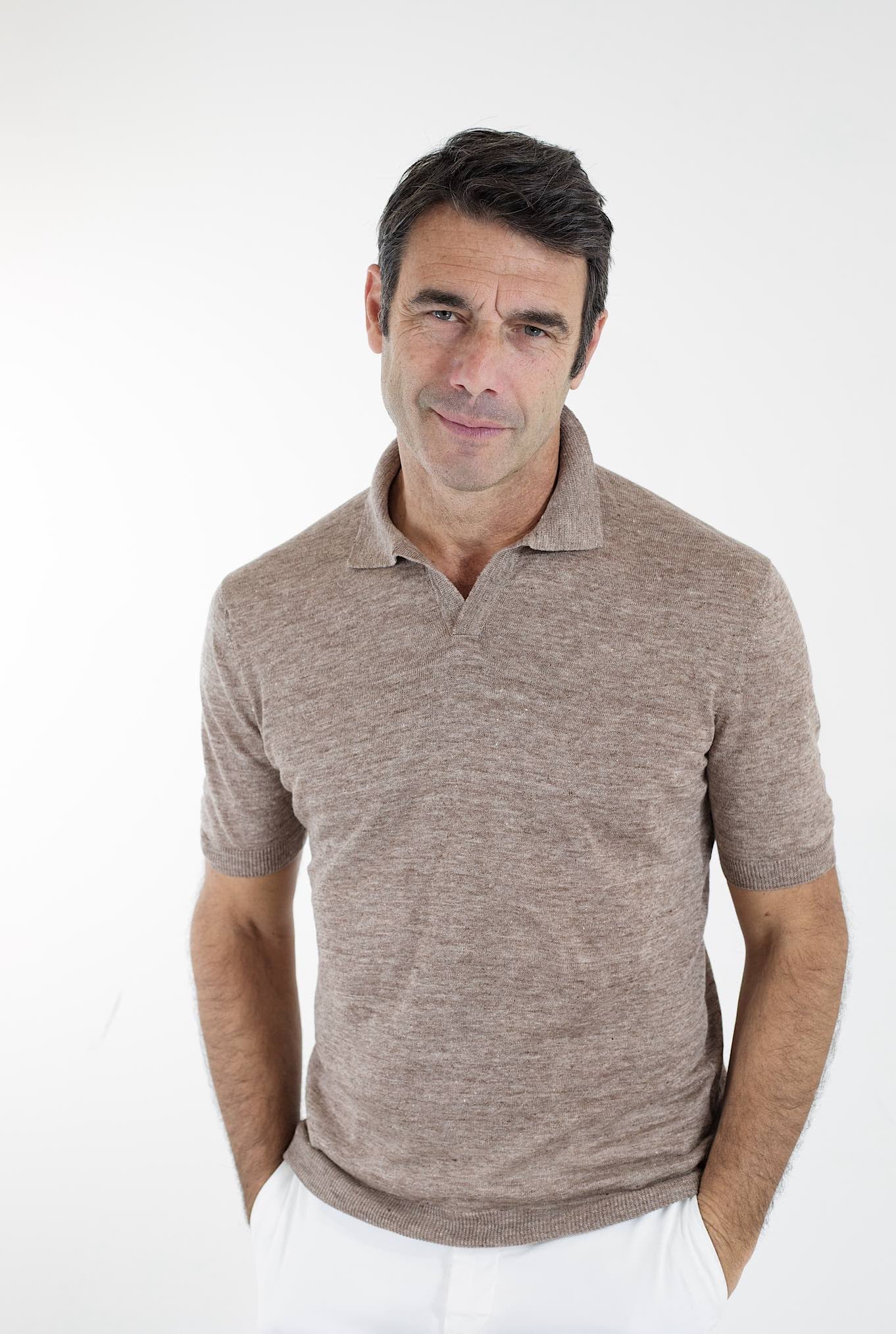 BARBA Linen Polo MM Without Buttons Brown Mélange