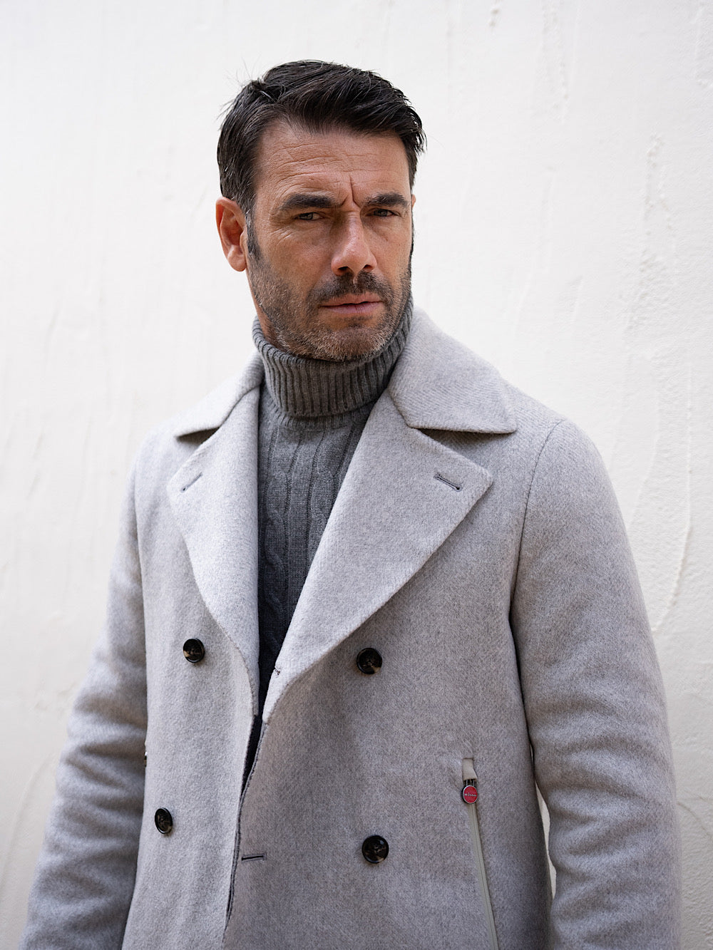Kiton Light gray cashmere double-breasted coat