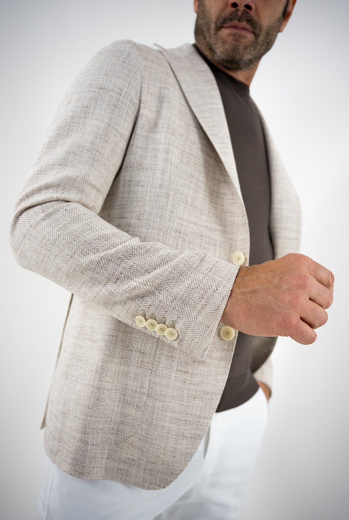 TAGLIATORE Beige Mèlange Linen Silk Cotton Herringbone Jacket