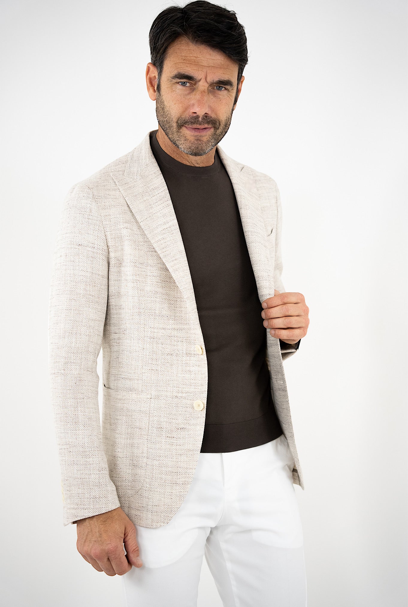 TAGLIATORE Beige Mèlange Linen Silk Cotton Herringbone Jacket